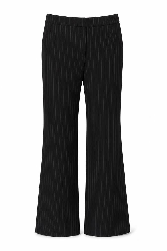 Front view of Marks & Spencer women’s multicoloured striped polyester dress pants trousers, size UK 12, 28-inch leg regular