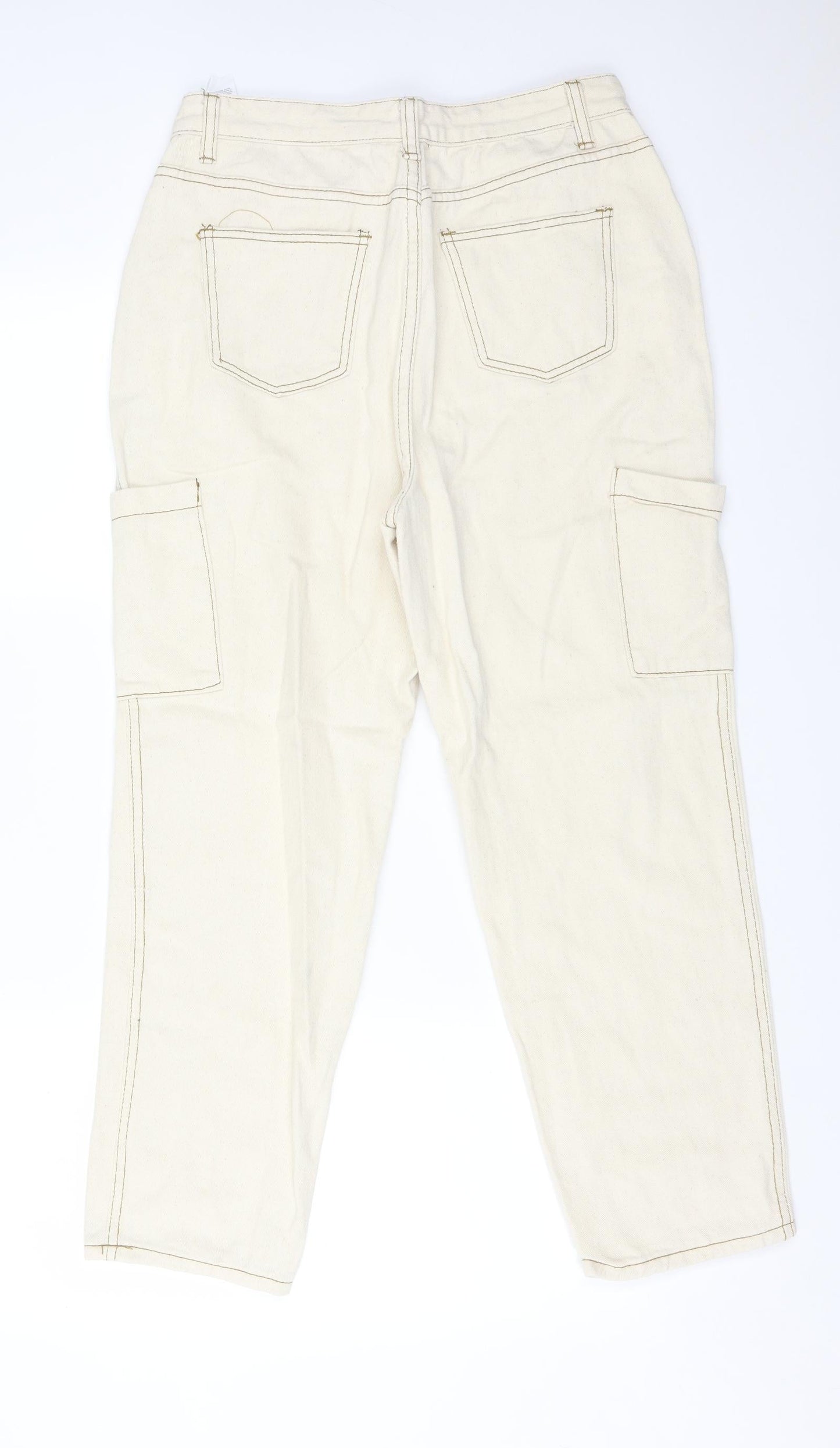 Boohoo Womens Ivory  Cotton Straight Jeans Size 12 L25 in Regular