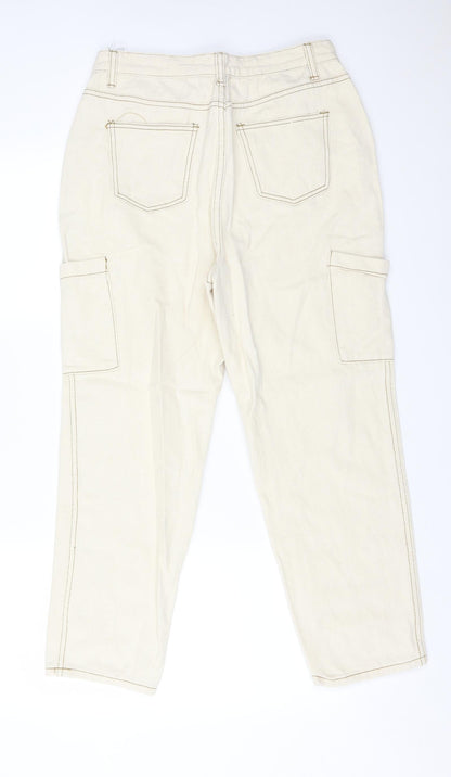 Boohoo Womens Ivory  Cotton Straight Jeans Size 12 L25 in Regular