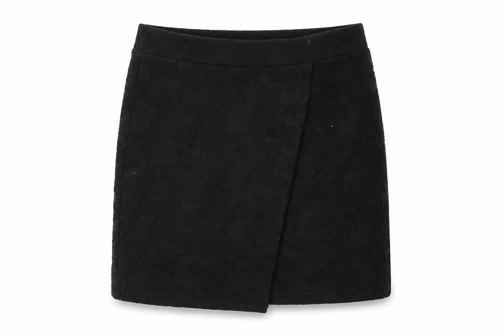 Front view of Topshop women’s black floral polyester straight & pencil skirt, size UK 12