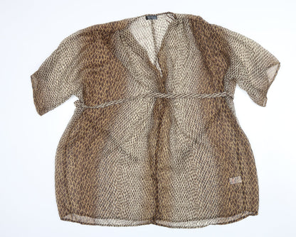 F&F Womens Brown Animal Print Polyester Basic Blouse Size M V-Neck