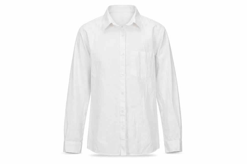 Front view of George girls’ white polyester basic button-up, size 11-12, years collared