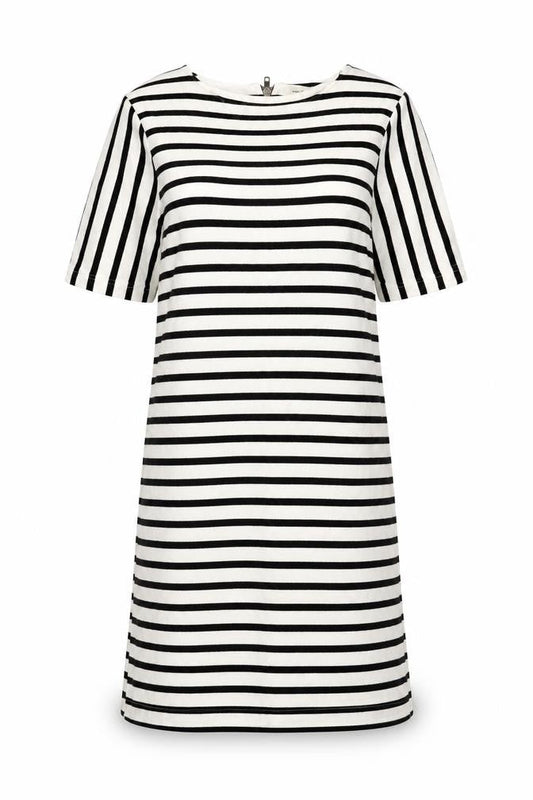 Front view of River Island women’s white striped cotton a-line, size UK 8, round neck