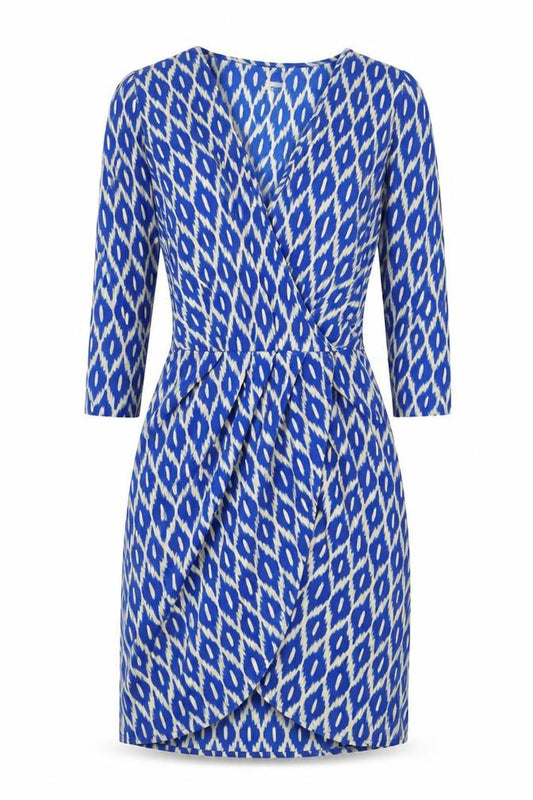 Front view of Glamorous women’s blue animal print polyester a-line, size UK 8, v-neck