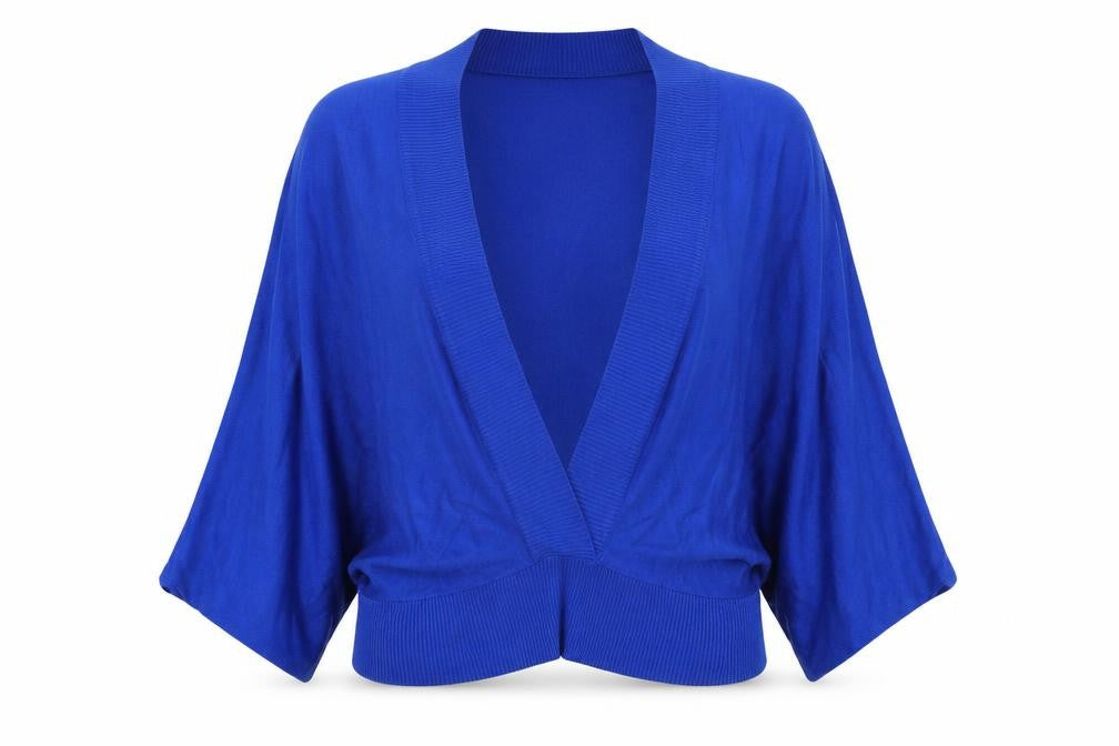 Front view of Dots women’s blue v-neck acrylic jumper, size XL