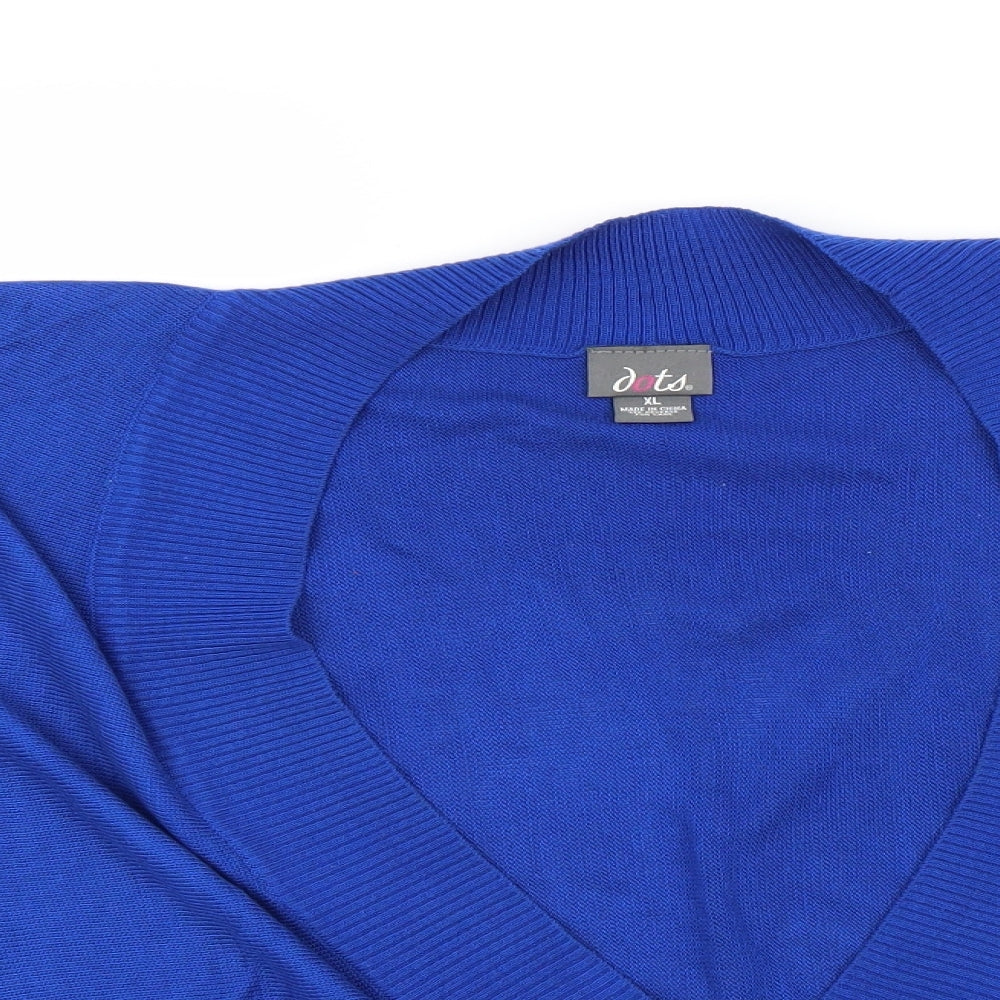 Close-up detail of Dots women’s blue v-neck acrylic jumper, size XL