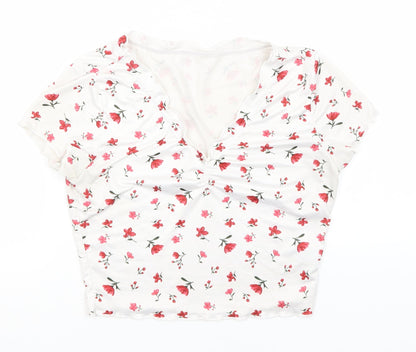 SheIn Womens White Floral Polyester Basic T-Shirt Size XS V-Neck