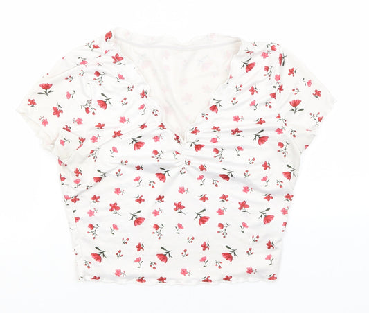 SheIn Womens White Floral Polyester Basic T-Shirt Size XS V-Neck