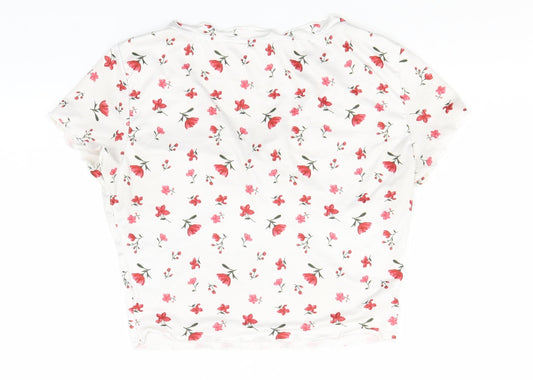 SheIn Womens White Floral Polyester Basic T-Shirt Size XS V-Neck