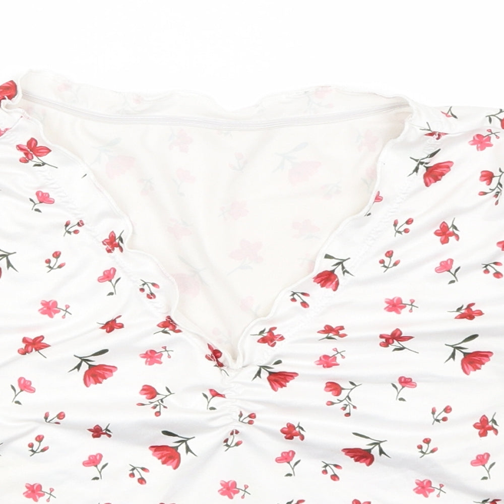 SheIn Womens White Floral Polyester Basic T-Shirt Size XS V-Neck