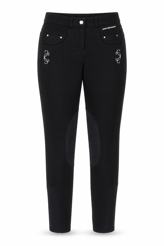 Front view of women’s black polyester straight jeans, size UK 28, in, 27-inch leg regular