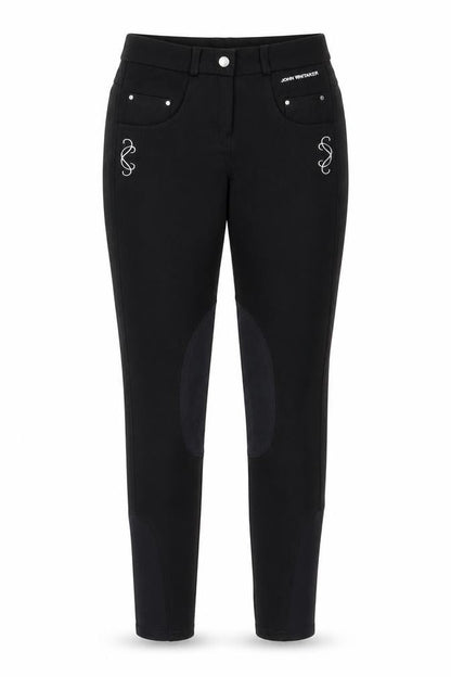 Front view of women’s black polyester straight jeans, size UK 28, in, 27-inch leg regular