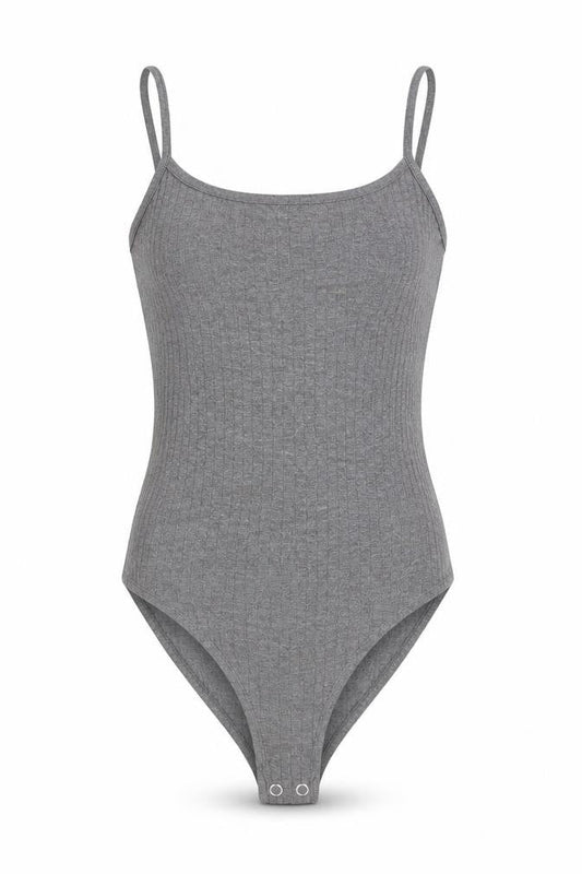 Front view of Primark women’s grey striped polyester bodysuit one-piece, size UK 4