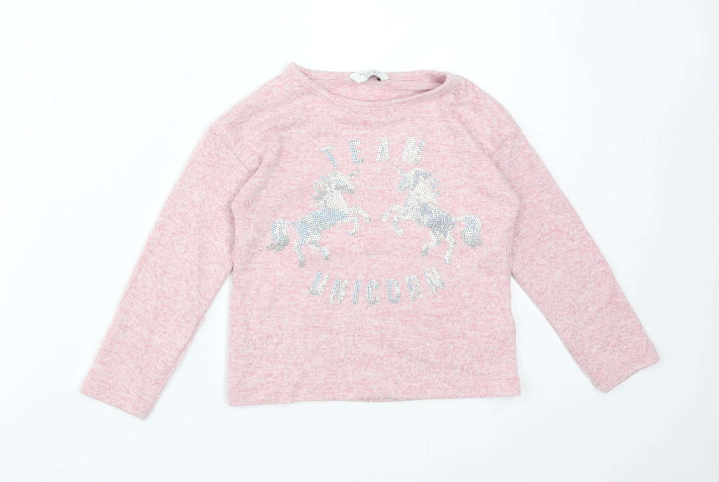 Primark Girls Pink  Viscose Basic T-Shirt Size 4-5 Years Round Neck  - TEAM UNICORN