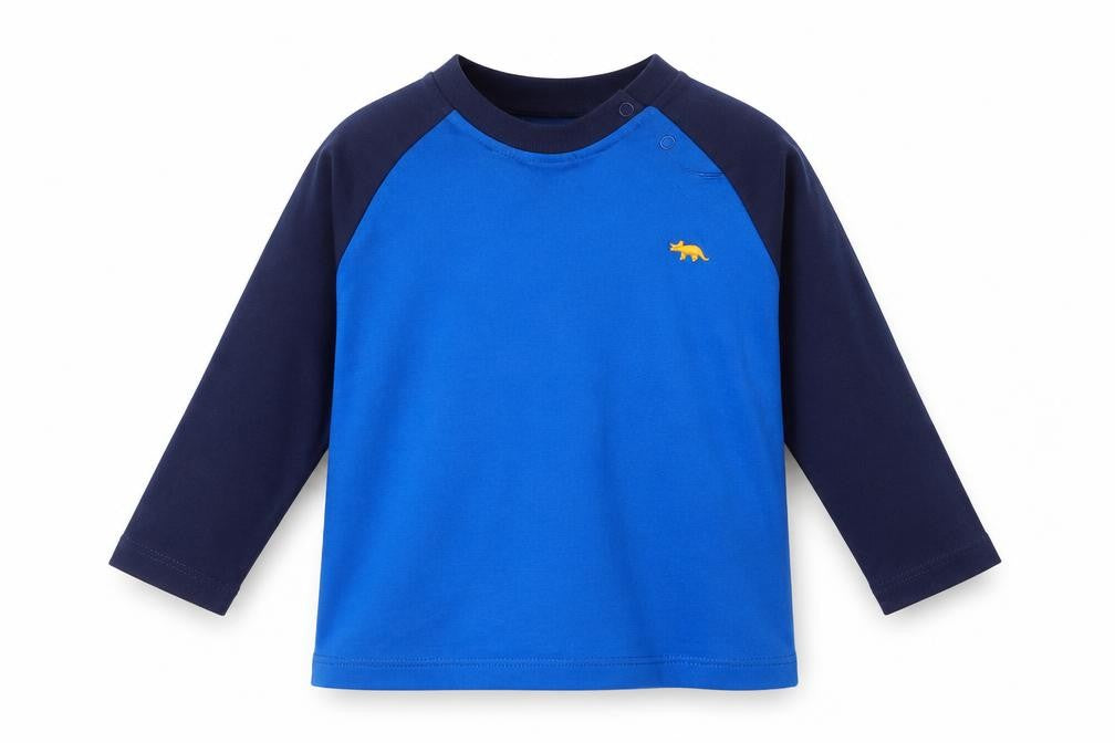 Front view of F&F boys’ blue colourblock cotton basic t-shirt, size 9-12, months crew neck