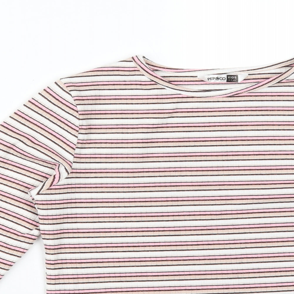 PEP&CO Girls Multicoloured Striped Polyester Basic T-Shirt Size 8-9 Years Crew Neck