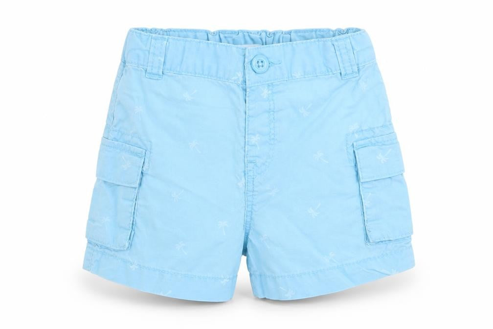 Front view of Victor Dodea boys’ blue floral cargo trousers, size 12, months - palm tree print back elastication