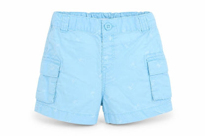 Front view of Victor Dodea boys’ blue floral cargo trousers, size 12, months - palm tree print back elastication