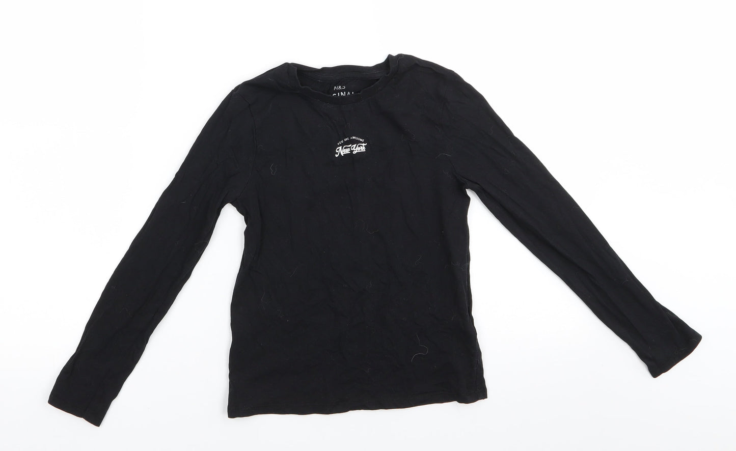 M&S Originals Girls Black  Cotton Basic Casual Size 9-10 Years Round Neck  - You are awesome New York