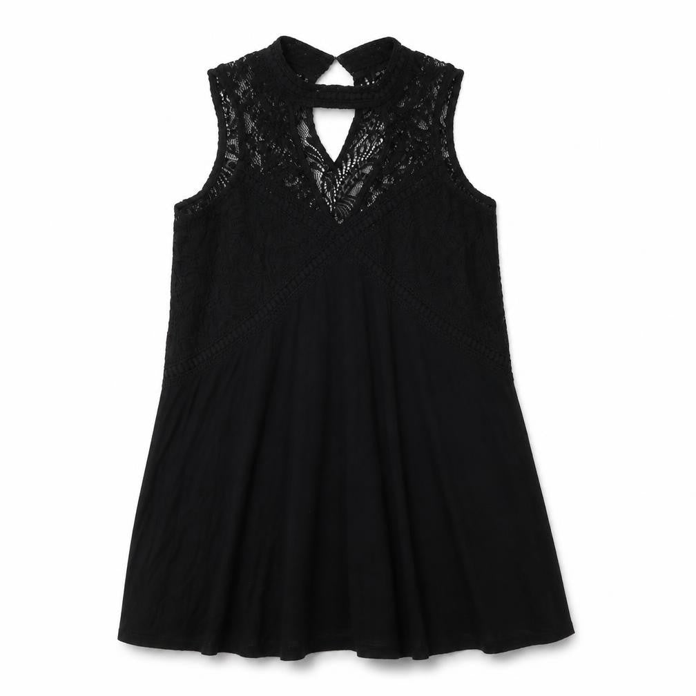 Front view of River Island women’s black viscose a-line, size UK 10, high neck - lace detail