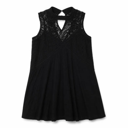 Front view of River Island women’s black viscose a-line, size UK 10, high neck - lace detail