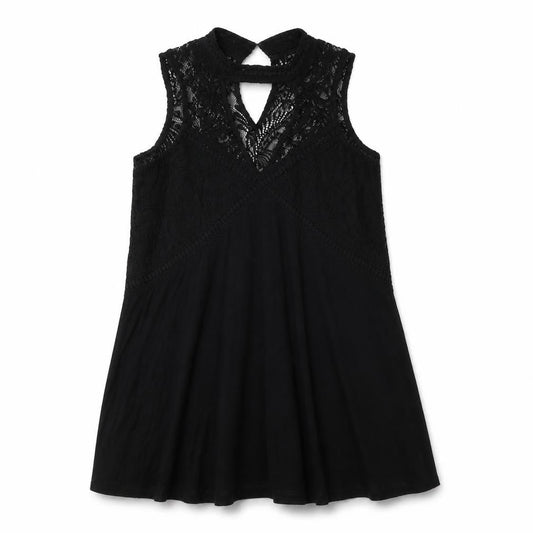 Front view of River Island women’s black viscose a-line, size UK 10, high neck - lace detail