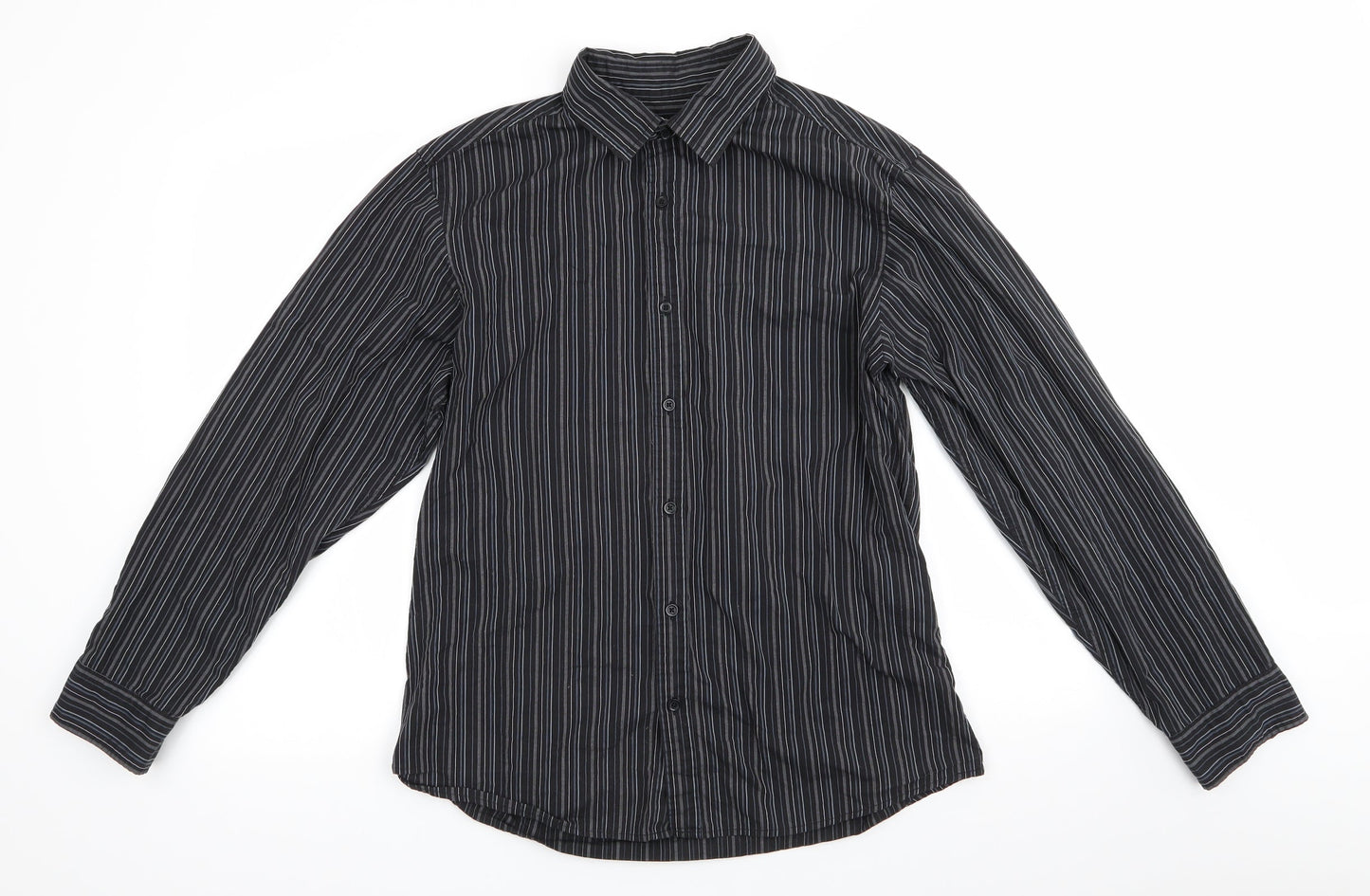 George Mens Black Striped Polyester  Button-Up Size L Collared  - Black Grey Blue White Stripe