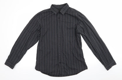 George Mens Black Striped Polyester  Button-Up Size L Collared  - Black Grey Blue White Stripe