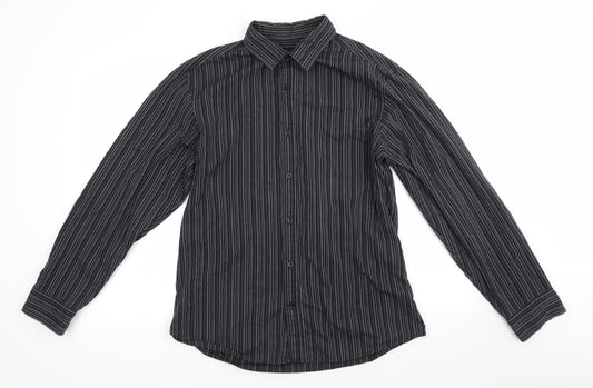 George Mens Black Striped Polyester  Button-Up Size L Collared  - Black Grey Blue White Stripe
