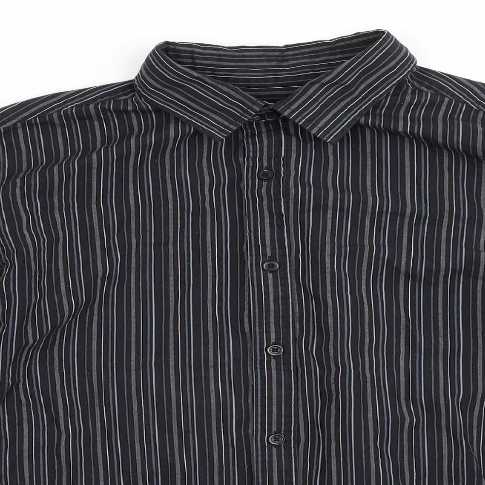 George Mens Black Striped Polyester  Button-Up Size L Collared  - Black Grey Blue White Stripe