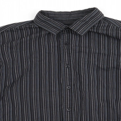 George Mens Black Striped Polyester  Button-Up Size L Collared  - Black Grey Blue White Stripe