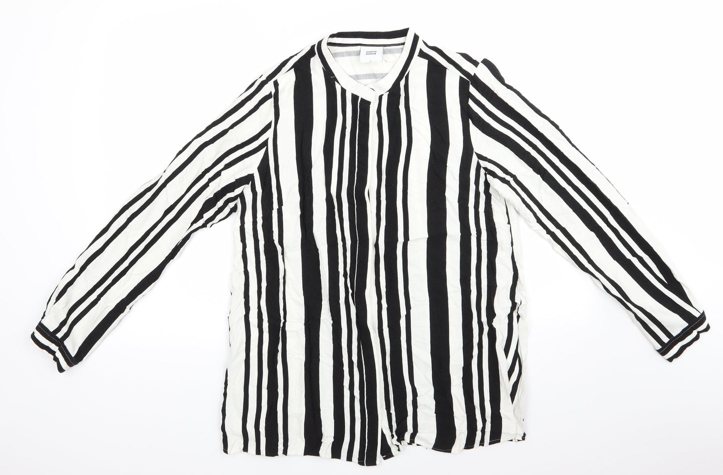 Mama Licious Womens Black Striped Viscose Tunic Button-Up Size L High Neck - Vertical Black & White Stripes Mandarin type collar Concealed buttons