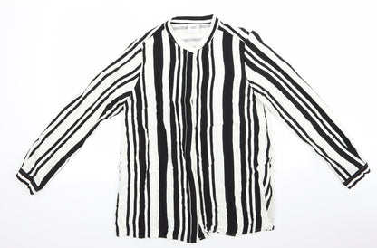 Mama Licious Womens Black Striped Viscose Tunic Button-Up Size L High Neck - Vertical Black & White Stripes Mandarin type collar Concealed buttons