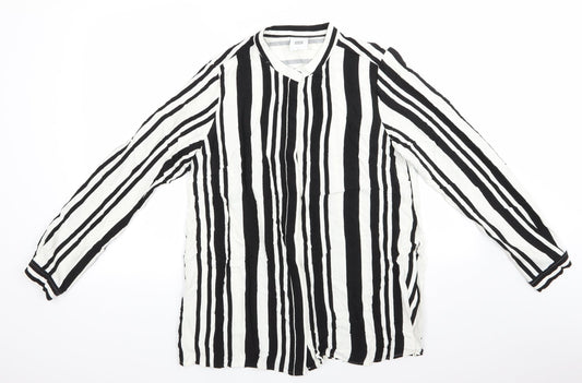 Front view of Mama Licious women’s black striped viscose tunic button-up, high neck - vertical black & white stripes mandarin