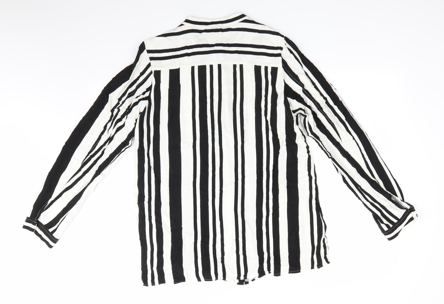 Mama Licious Womens Black Striped Viscose Tunic Button-Up Size L High Neck - Vertical Black & White Stripes Mandarin type collar Concealed buttons