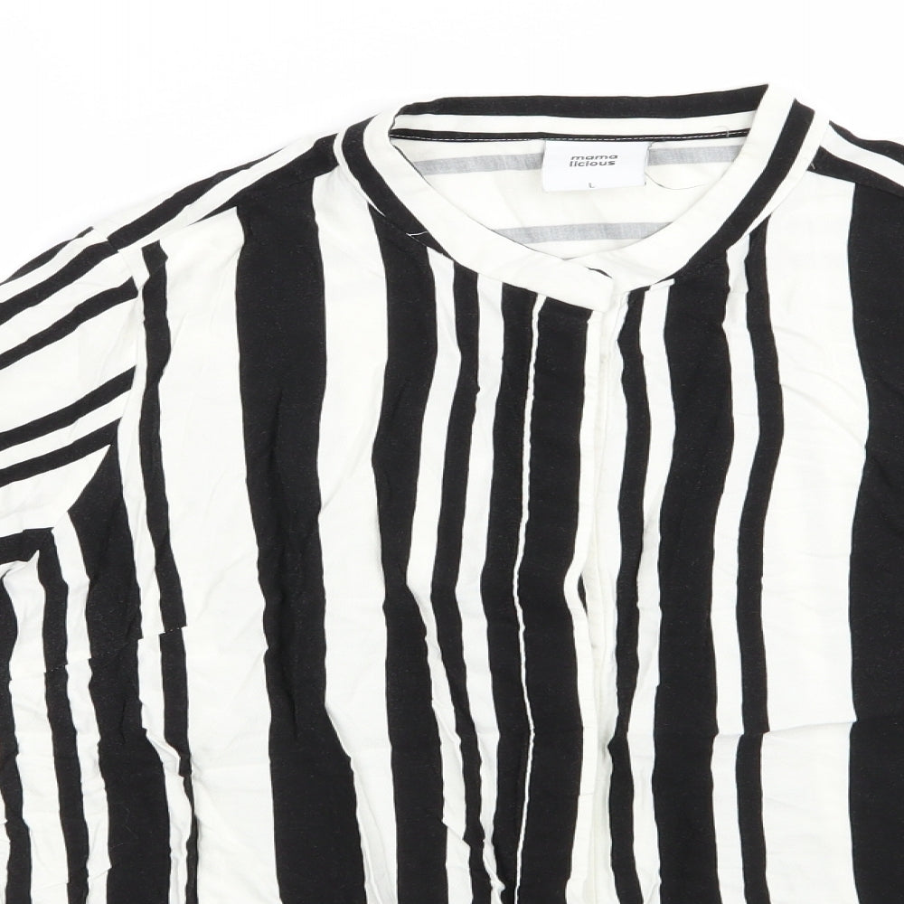 Mama Licious Womens Black Striped Viscose Tunic Button-Up Size L High Neck - Vertical Black & White Stripes Mandarin type collar Concealed buttons
