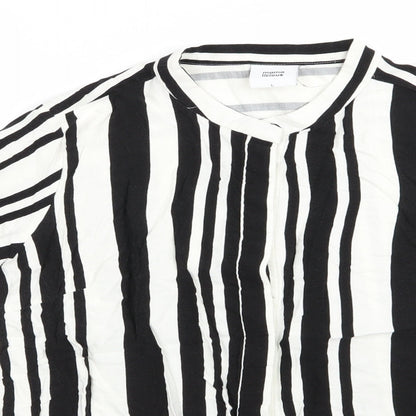 Mama Licious Womens Black Striped Viscose Tunic Button-Up Size L High Neck - Vertical Black & White Stripes Mandarin type collar Concealed buttons