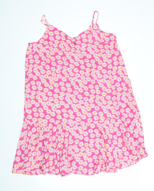 Pieces Womens Pink Floral Viscose Fit & Flare    Round Neck  - White & Orange flowers Frilled hemline