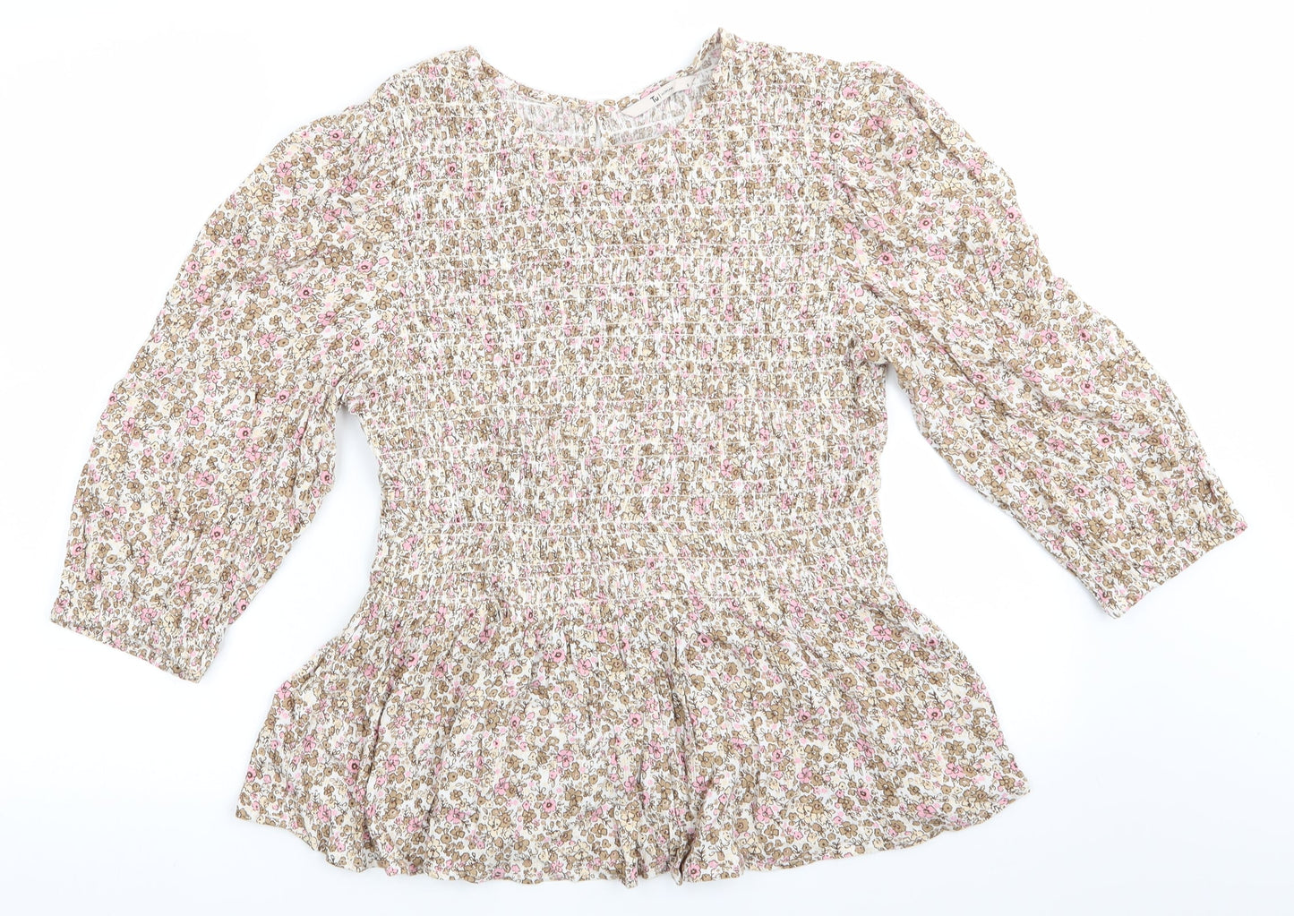 TU Womens Ivory Floral Viscose Tunic Blouse Size 10 Round Neck - Pink Taupe Beige Flowers Elasticated Bodice
