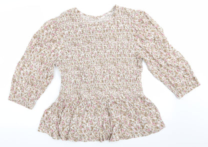 TU Womens Ivory Floral Viscose Tunic Blouse Size 10 Round Neck - Pink Taupe Beige Flowers Elasticated Bodice