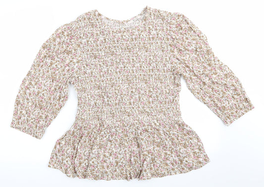 TU Womens Ivory Floral Viscose Tunic Blouse Size 10 Round Neck - Pink Taupe Beige Flowers Elasticated Bodice