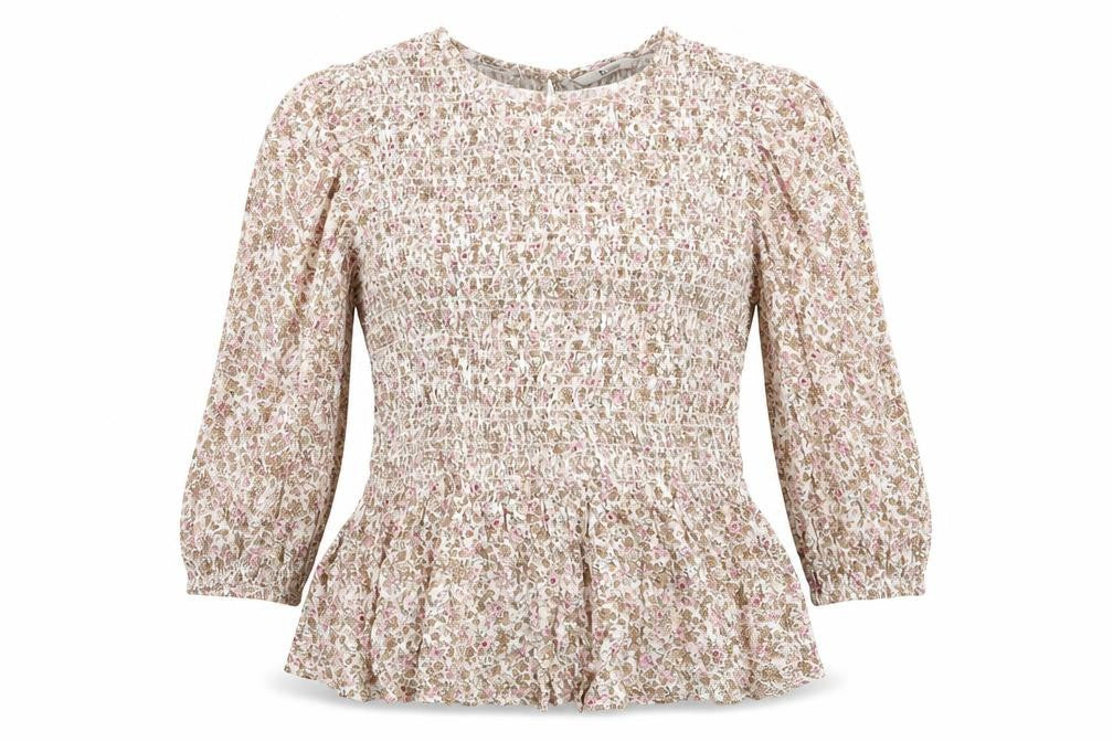 Front view of Tu women’s ivory floral viscose tunic blouse, round neck - pink taupe beige flowers elasticated bodice