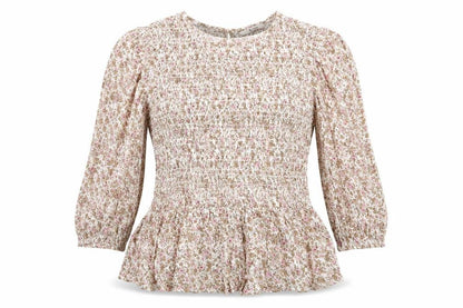 Front view of Tu women’s ivory floral viscose tunic blouse, round neck - pink taupe beige flowers elasticated bodice