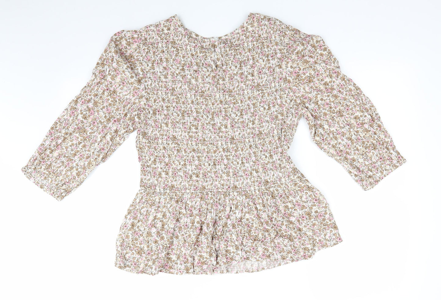 TU Womens Ivory Floral Viscose Tunic Blouse Size 10 Round Neck - Pink Taupe Beige Flowers Elasticated Bodice