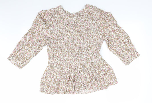 TU Womens Ivory Floral Viscose Tunic Blouse Size 10 Round Neck - Pink Taupe Beige Flowers Elasticated Bodice