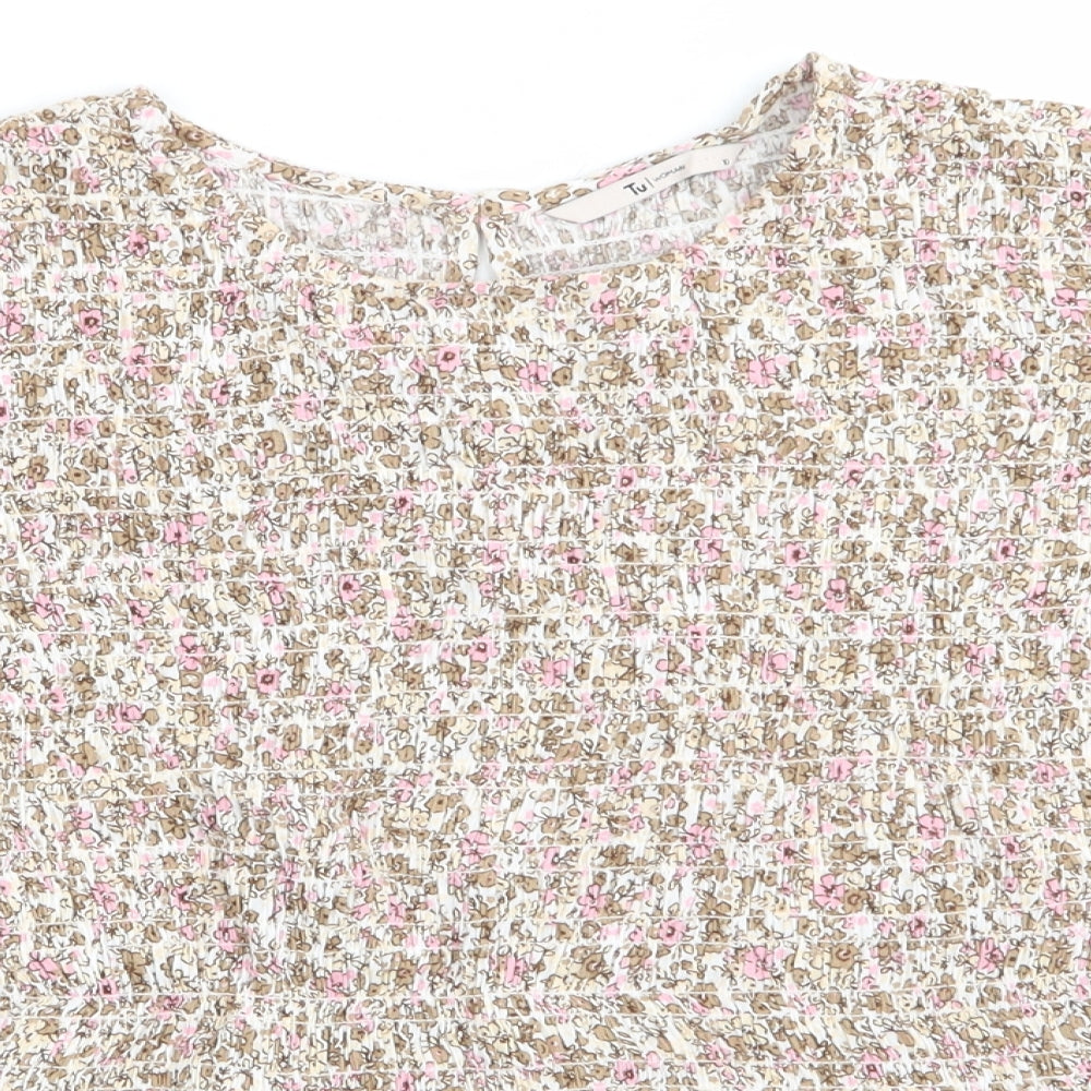 TU Womens Ivory Floral Viscose Tunic Blouse Size 10 Round Neck - Pink Taupe Beige Flowers Elasticated Bodice