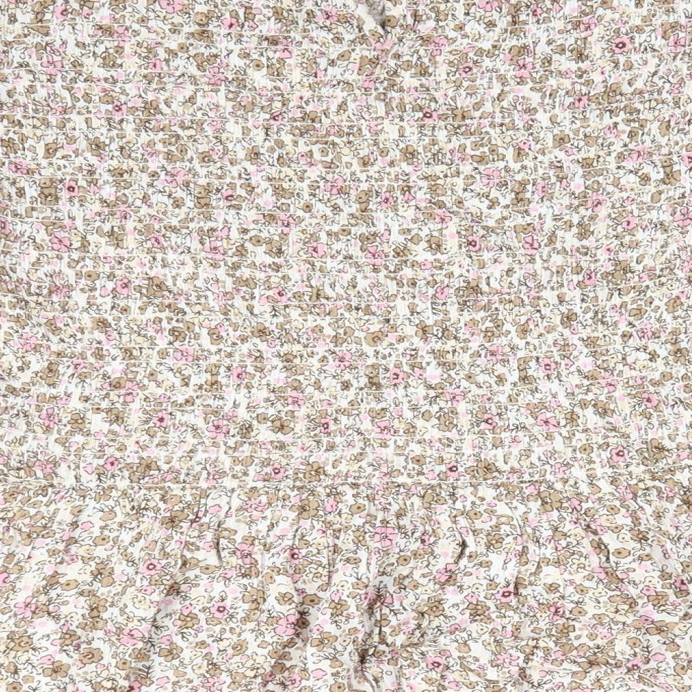 TU Womens Ivory Floral Viscose Tunic Blouse Size 10 Round Neck - Pink Taupe Beige Flowers Elasticated Bodice