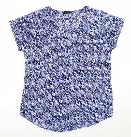 Papaya Womens Blue Geometric Polyester Basic Blouse Size 10 V-Neck - Small square blue mix pattern
