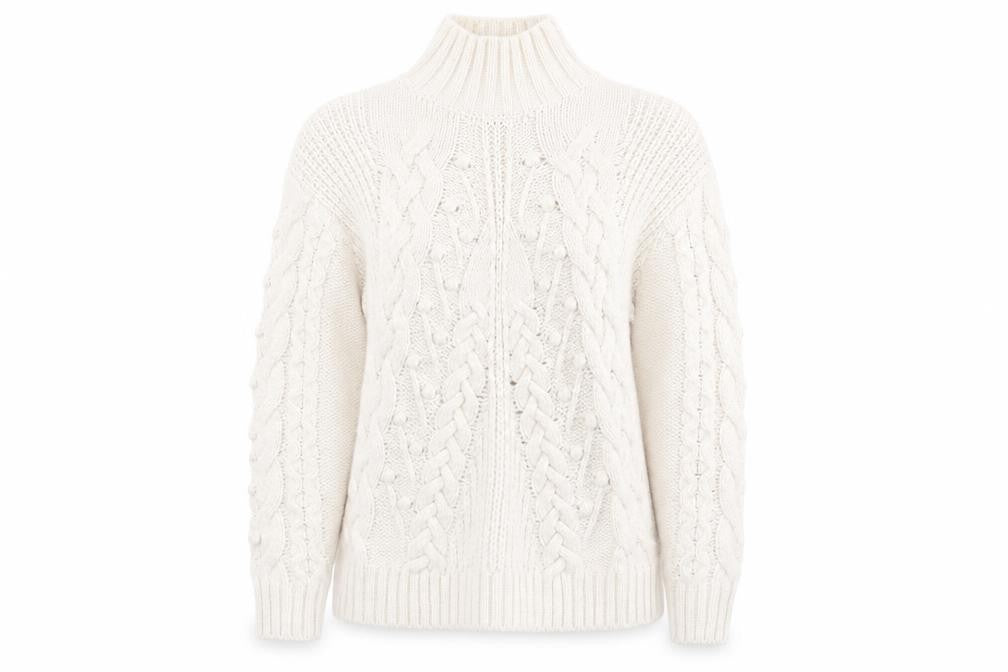Front view of Primark women’s ivory high neck jumper, size M, - pale pink ivory mix