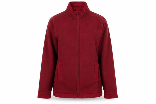 Front view of Anne De Lancay women’s red mock neck polyester full zip jumper, size UK 10